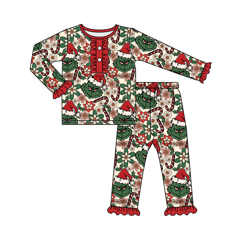 MOQ 5 green face floral baby girls Christmas pajamas