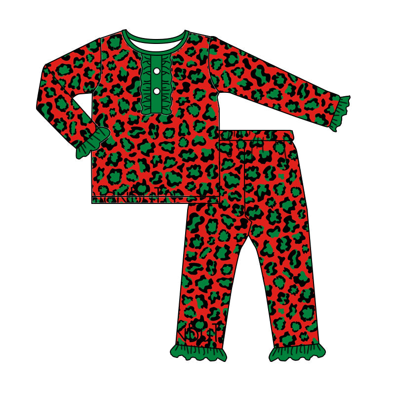 MOQ 5 green red leopard long sleeves baby girls pajamas