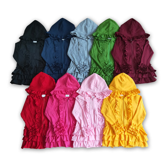 Solid colorful zipper girls ruffle hoodie jackets