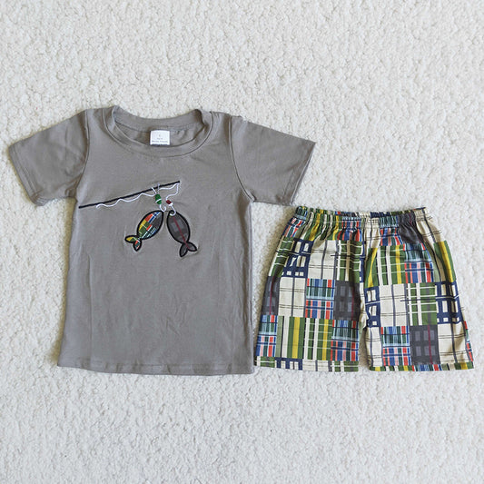 Boy Fishing Applique Patchwork Outfit
