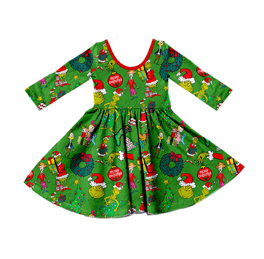 MOQ 5 Merry Christmas green face baby girls dresses