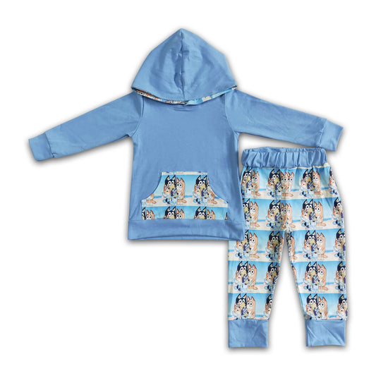 Blue dog cotton boy hoodie clothing set