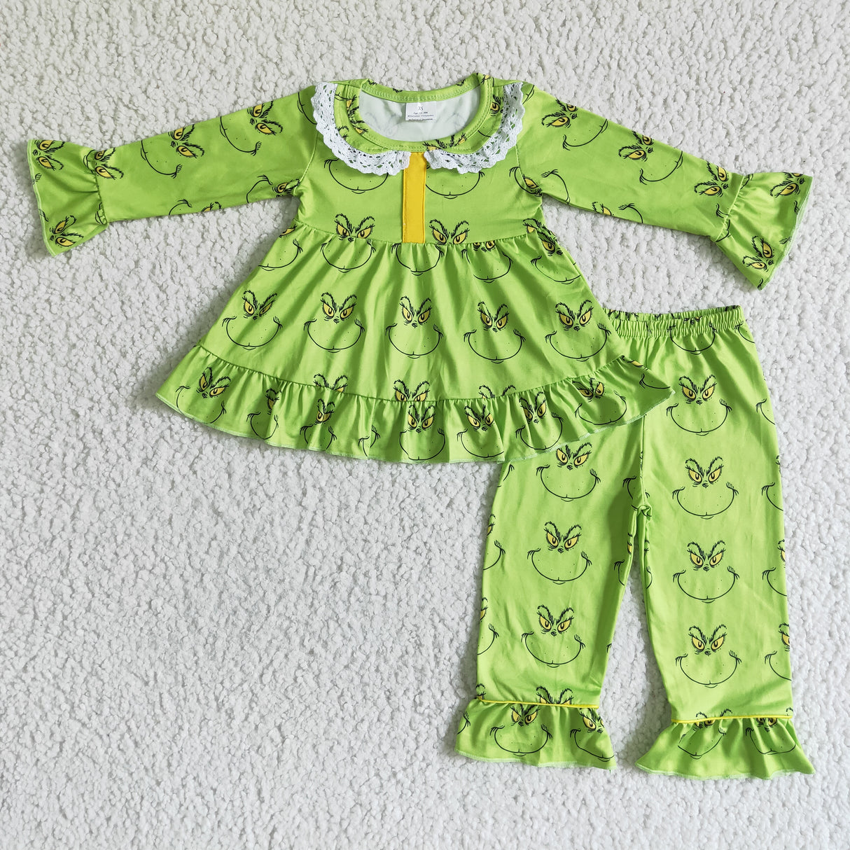 Tunic match pants green face girls Christmas Pjs