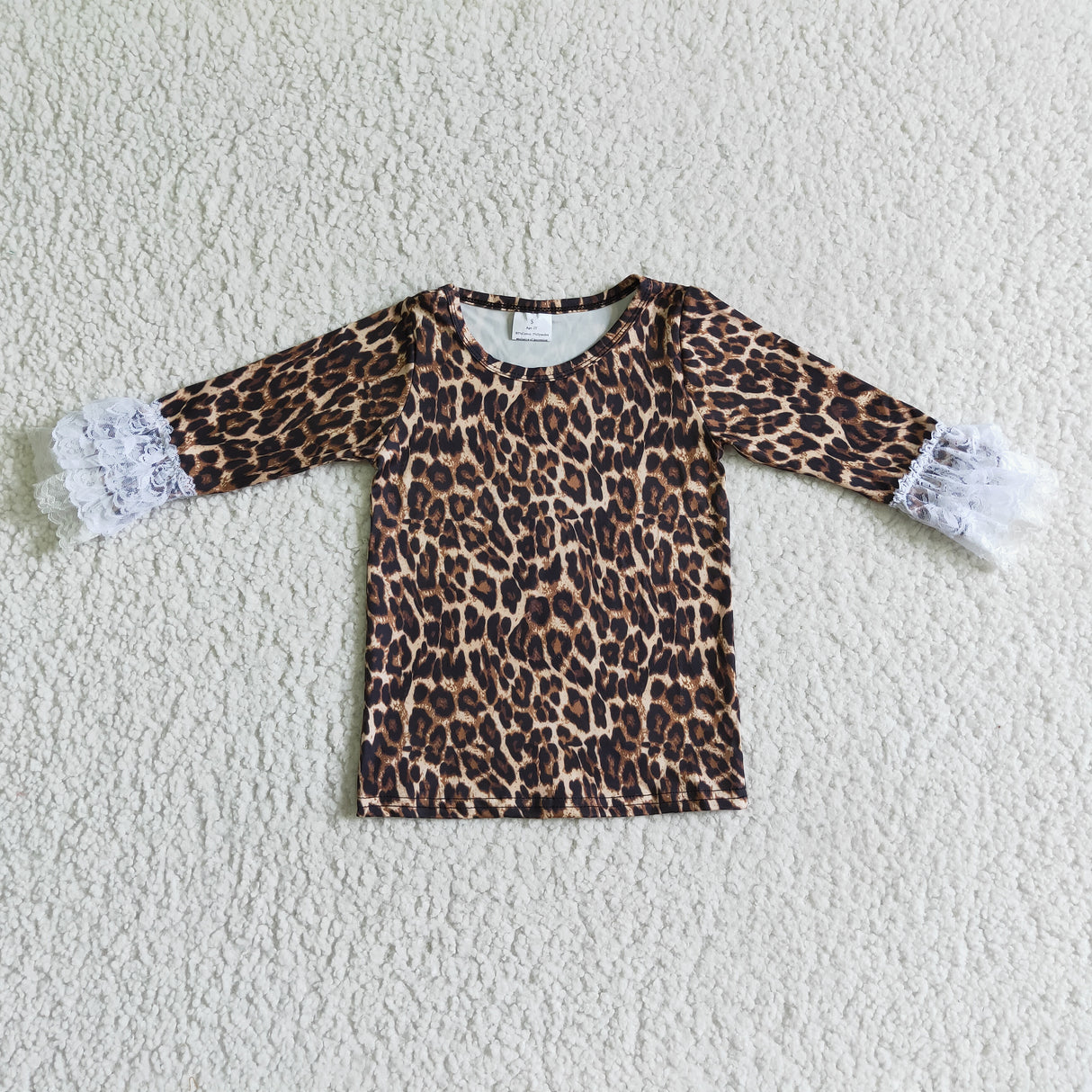 Leopard lace ruffle sleeves girls fall shirt
