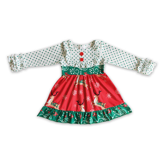 Reindeer print long sleeve Christmas baby girls dresses