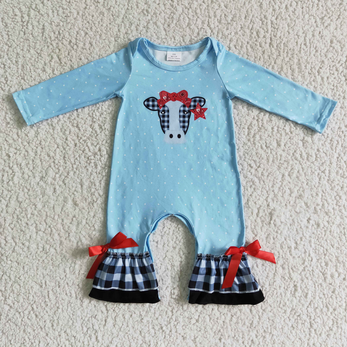 Girl Cow Head Plaid Romper