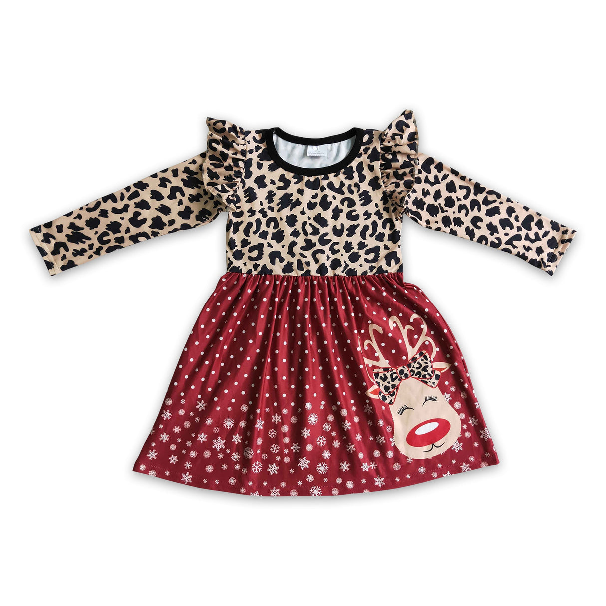 Leopard reindeer screen print girls Christmas dresses
