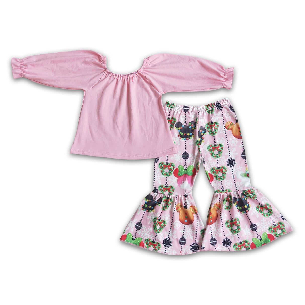 Pink cotton top bell bottom pants girls Christmas clothing