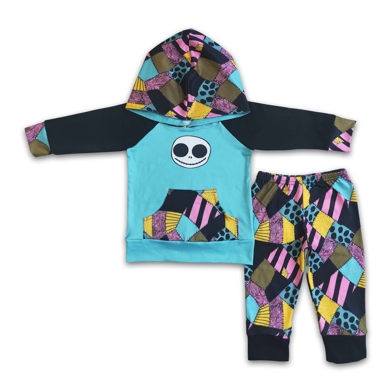 Skull screen print hoodie patchwork pants boy Halloween outfits