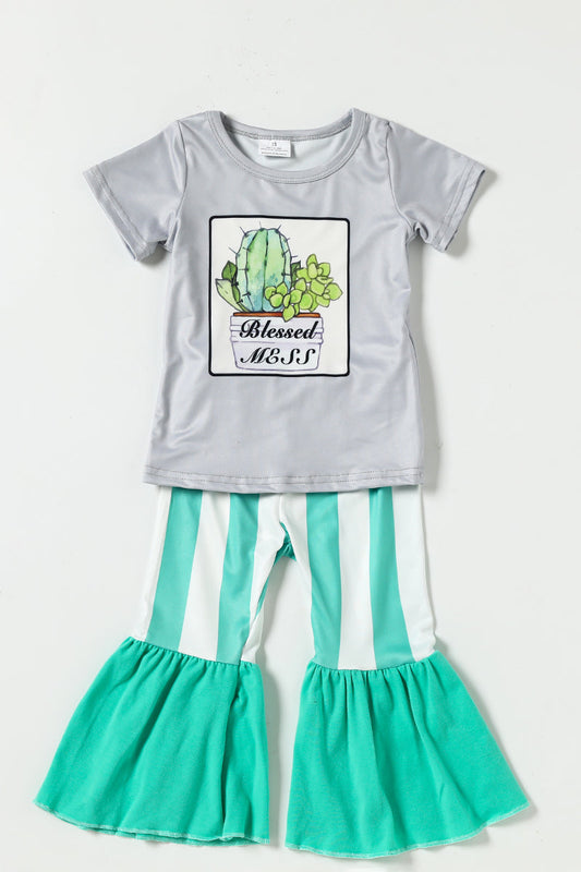 Spring Baby Girl Cactus Short Sleeve Shirt Striped Bell Bottom Little Girl Outfit Kids Clothes