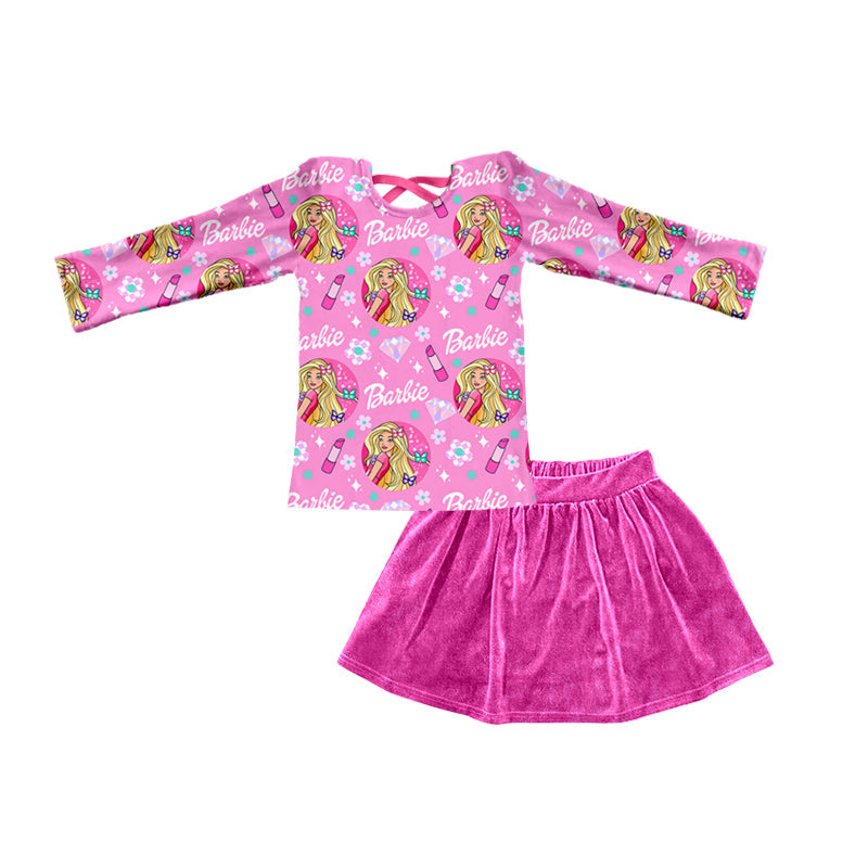 MOQ 5 Pink floral top velvet skirt party girls outfits