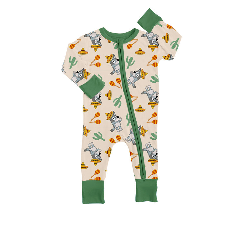 MOQ 5 PCS dogs cactus green baby boy zipper romper