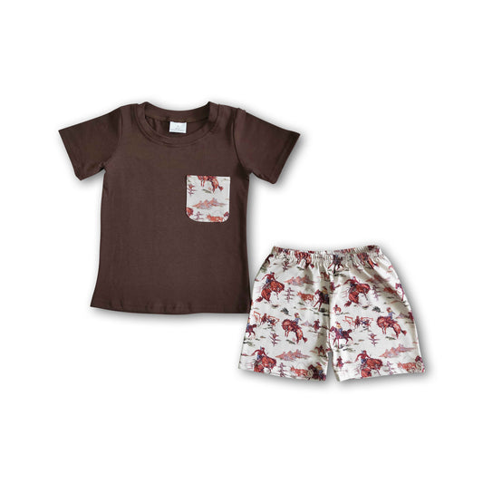 Brown cotton shirt horse shorts boy summer clothing