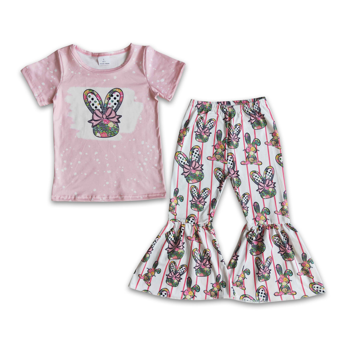 Short sleeve bleached shirt bunny bell bottom pants girls easter outfits