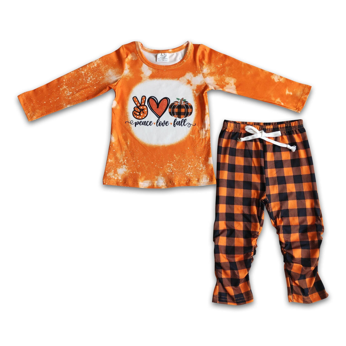 peace love fall pumpkin shirt plaid pants jogger set
