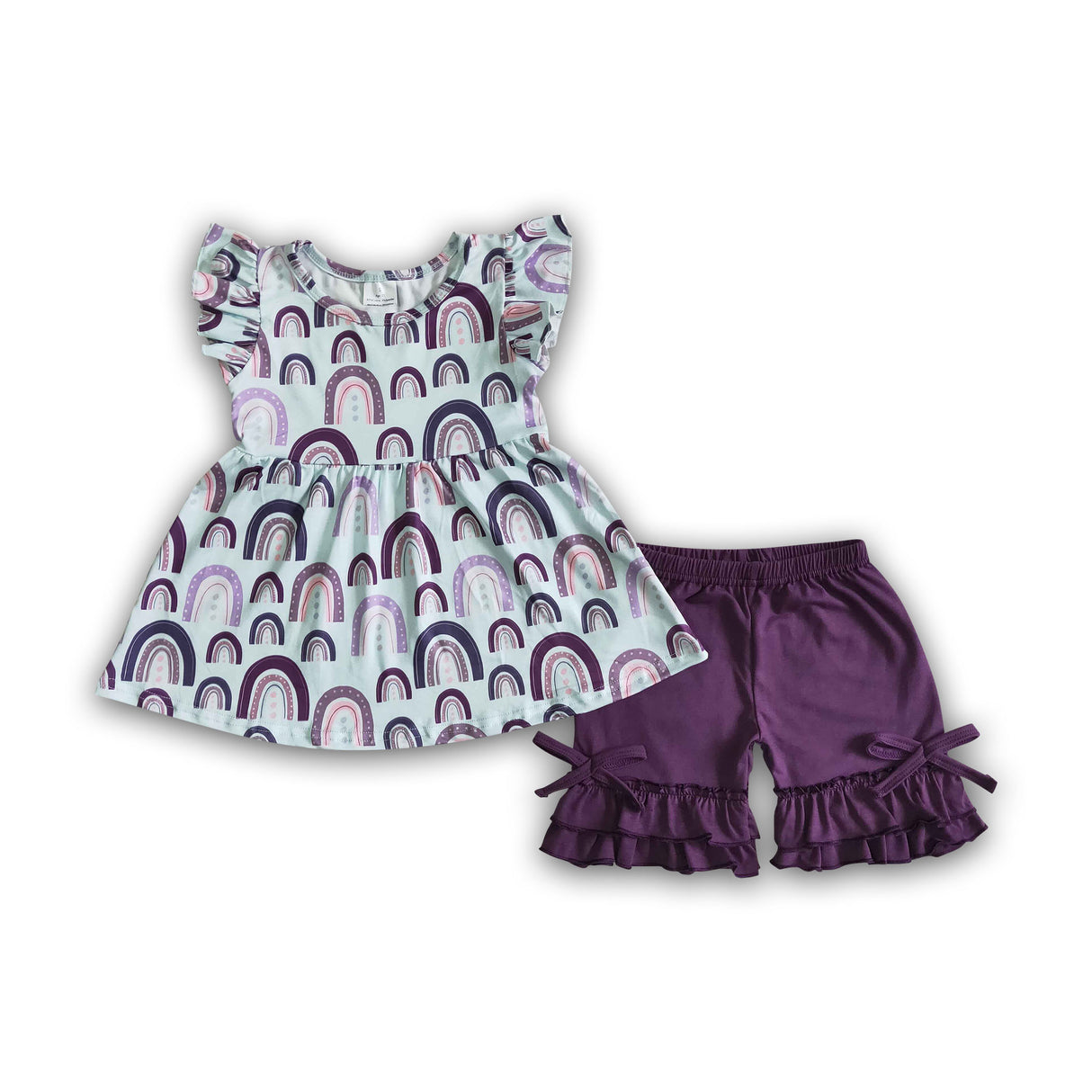 Rainbow flutter sleeve purple shorts girls summer clothing
