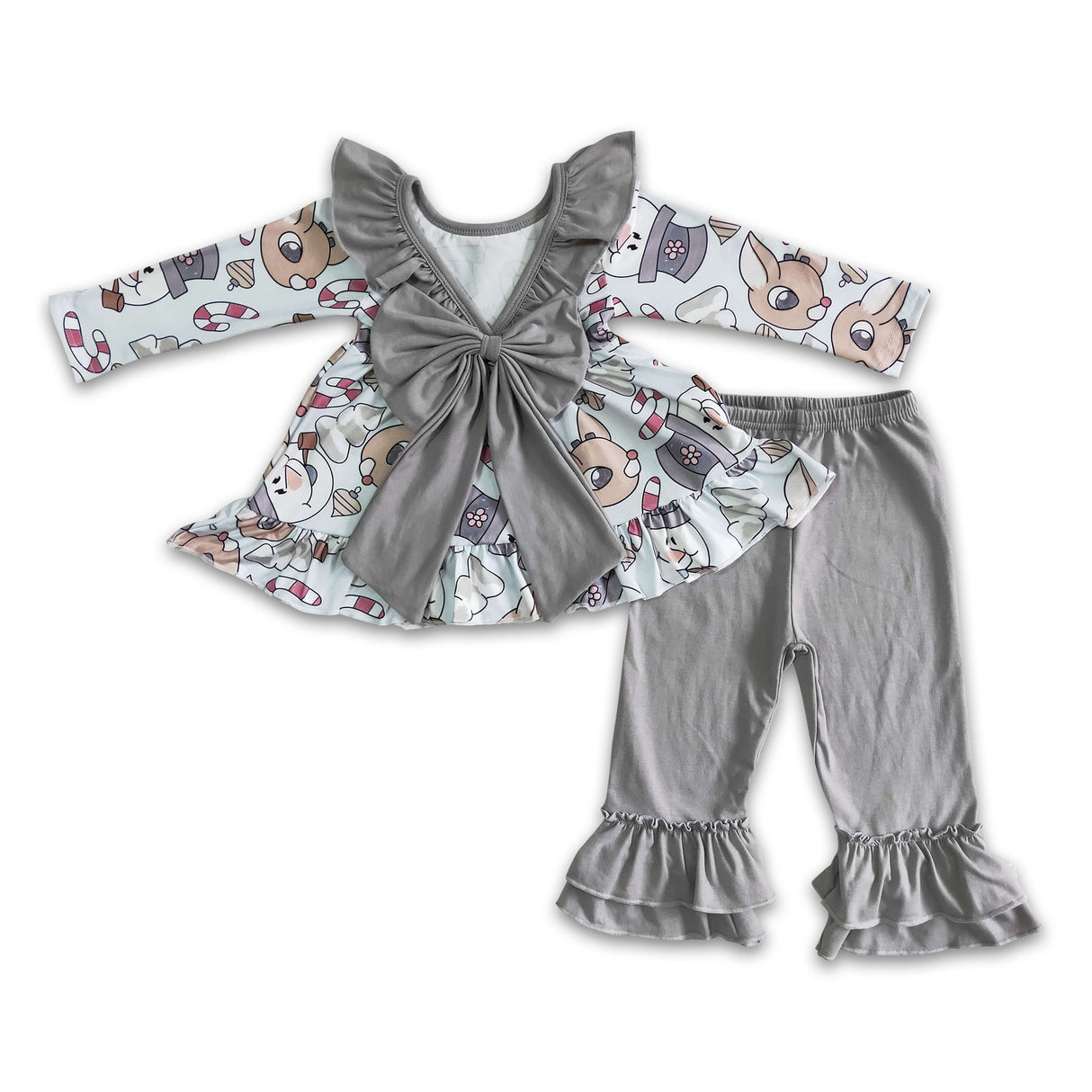 Reindeer print backless tunic ruffle pants girls Christmas clothes