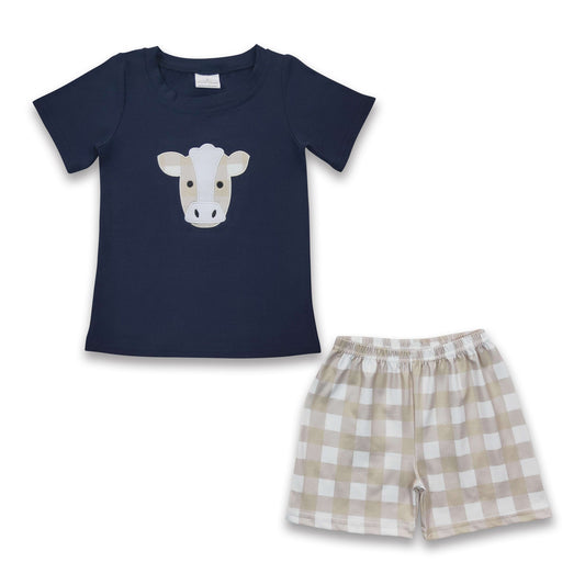 Boy Cow Embroidery Plaid Outfit