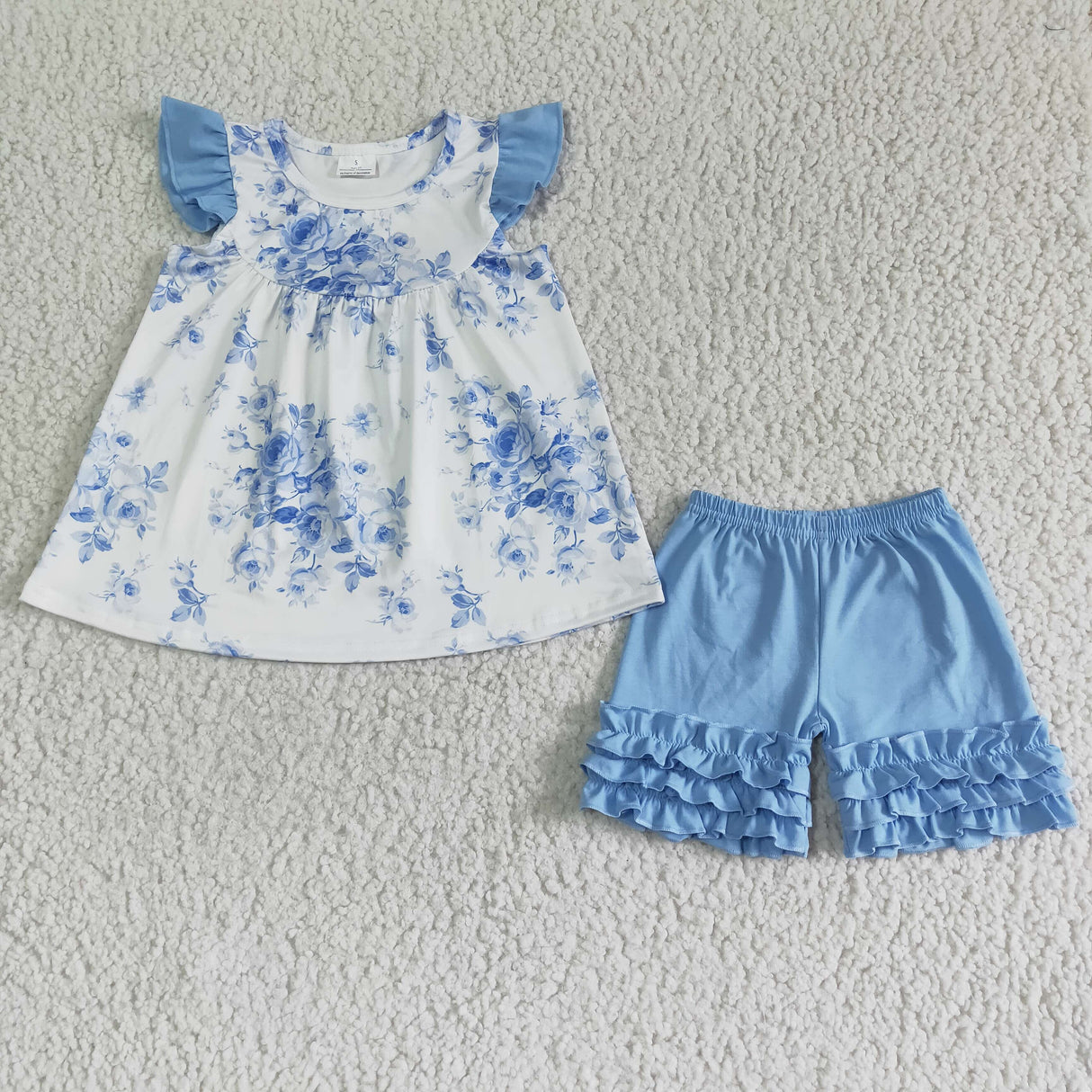 Blue floral icing ruffle shorts girls summer clothing