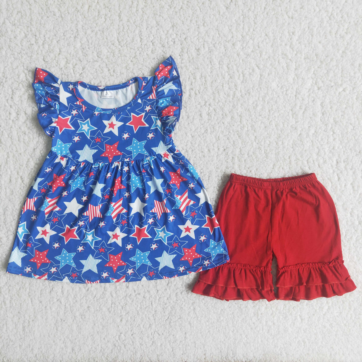 Star print pearl shirt ruffle shorts girls 4th of july clothes
