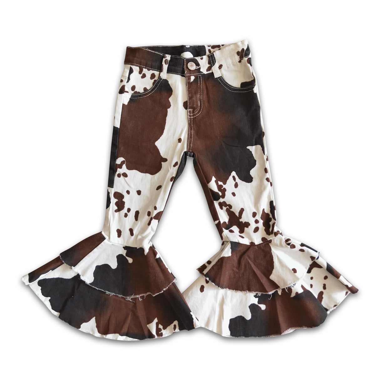 Cow print baby girls denim ruffle pants