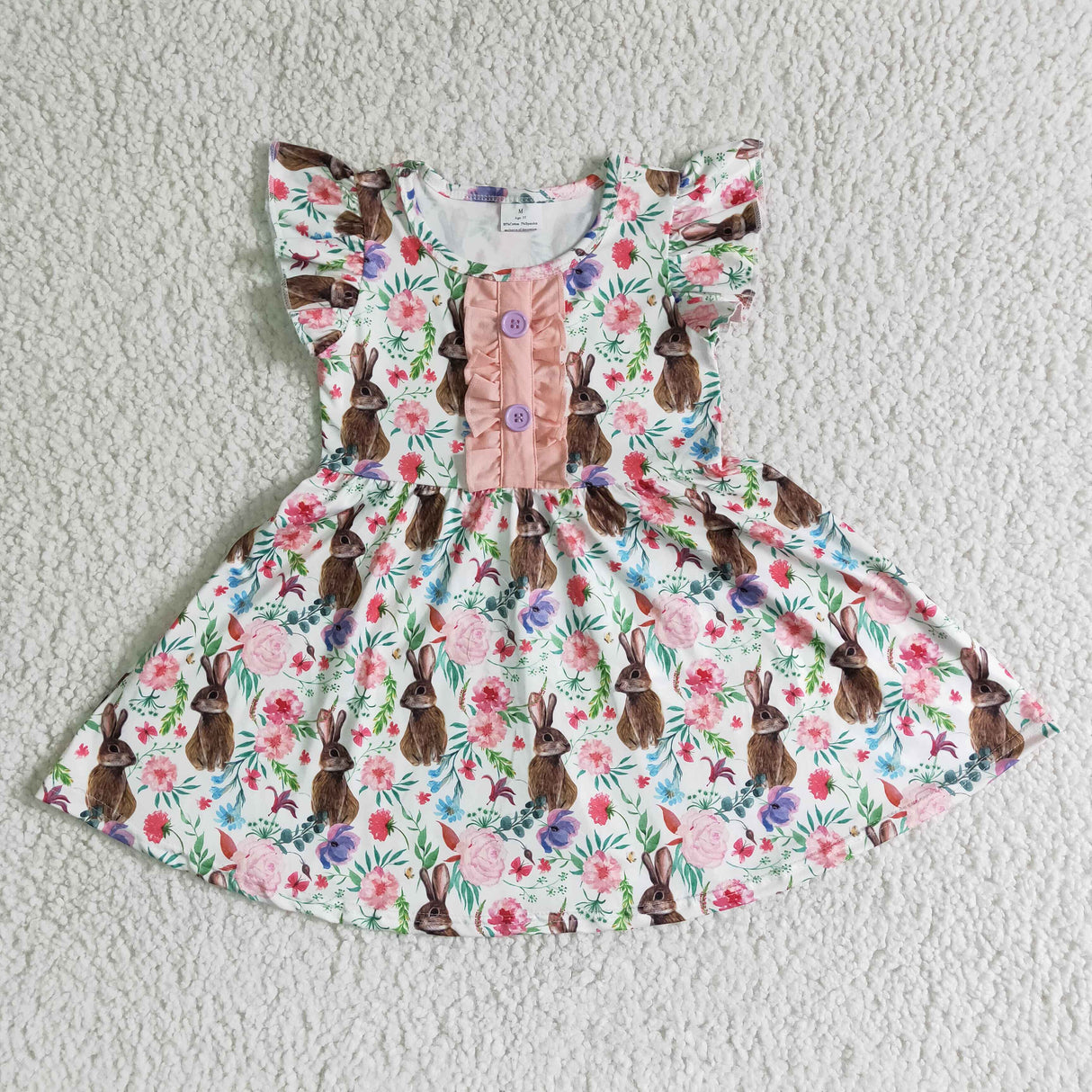Flutter sleeve bunny print girls easter twirl dresses