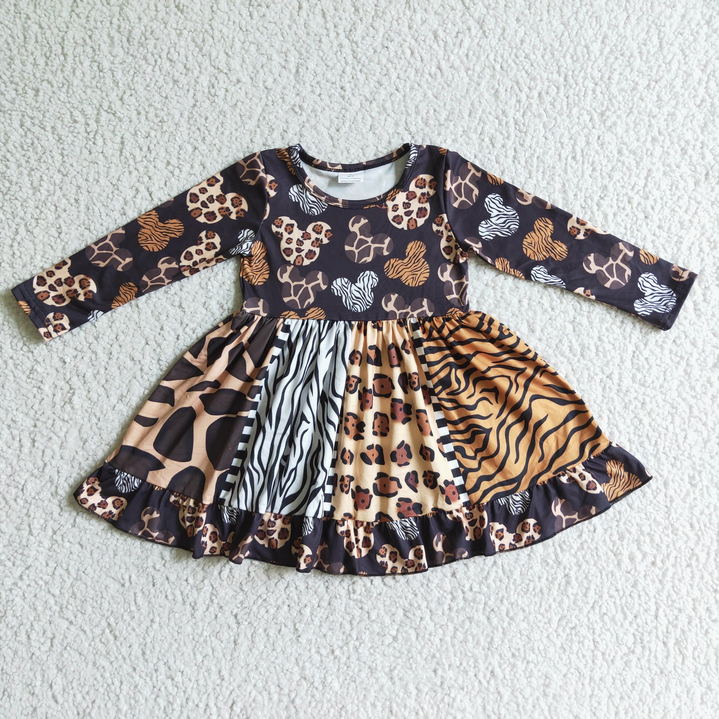 Girl long sleeve mouse leopard panel twirl dresses