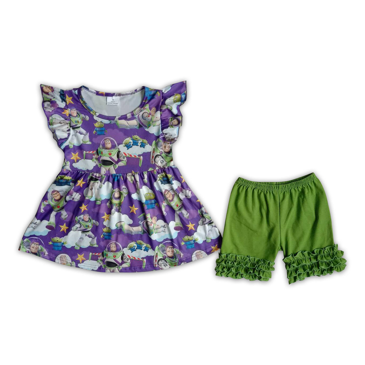 Flutter sleeve tunic green icing ruffle shorts girl summer clothing
