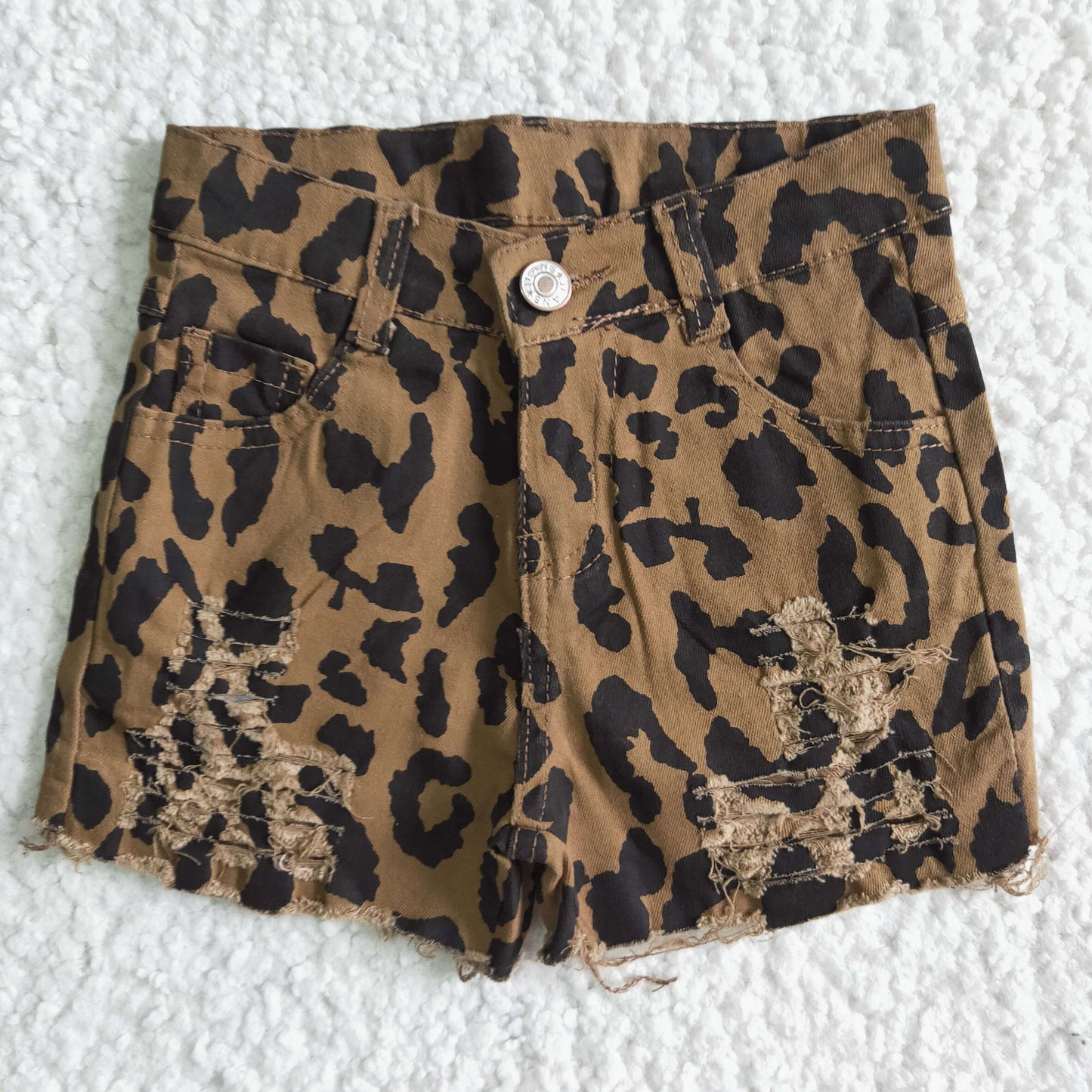 Girl leopard jeans waistband denim shorts