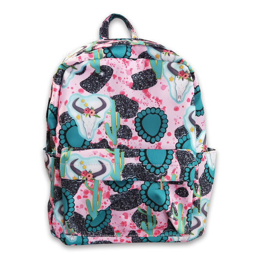 Turquoise bull skull western backpack kids girls back to school bags