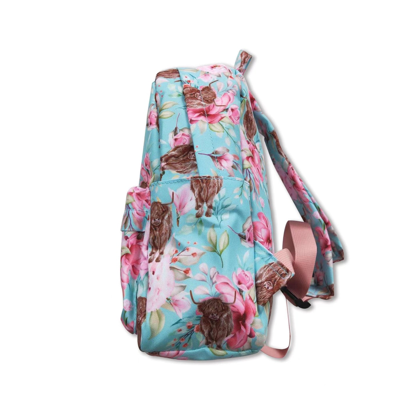 Light blue floral highland cow kids girls backpack