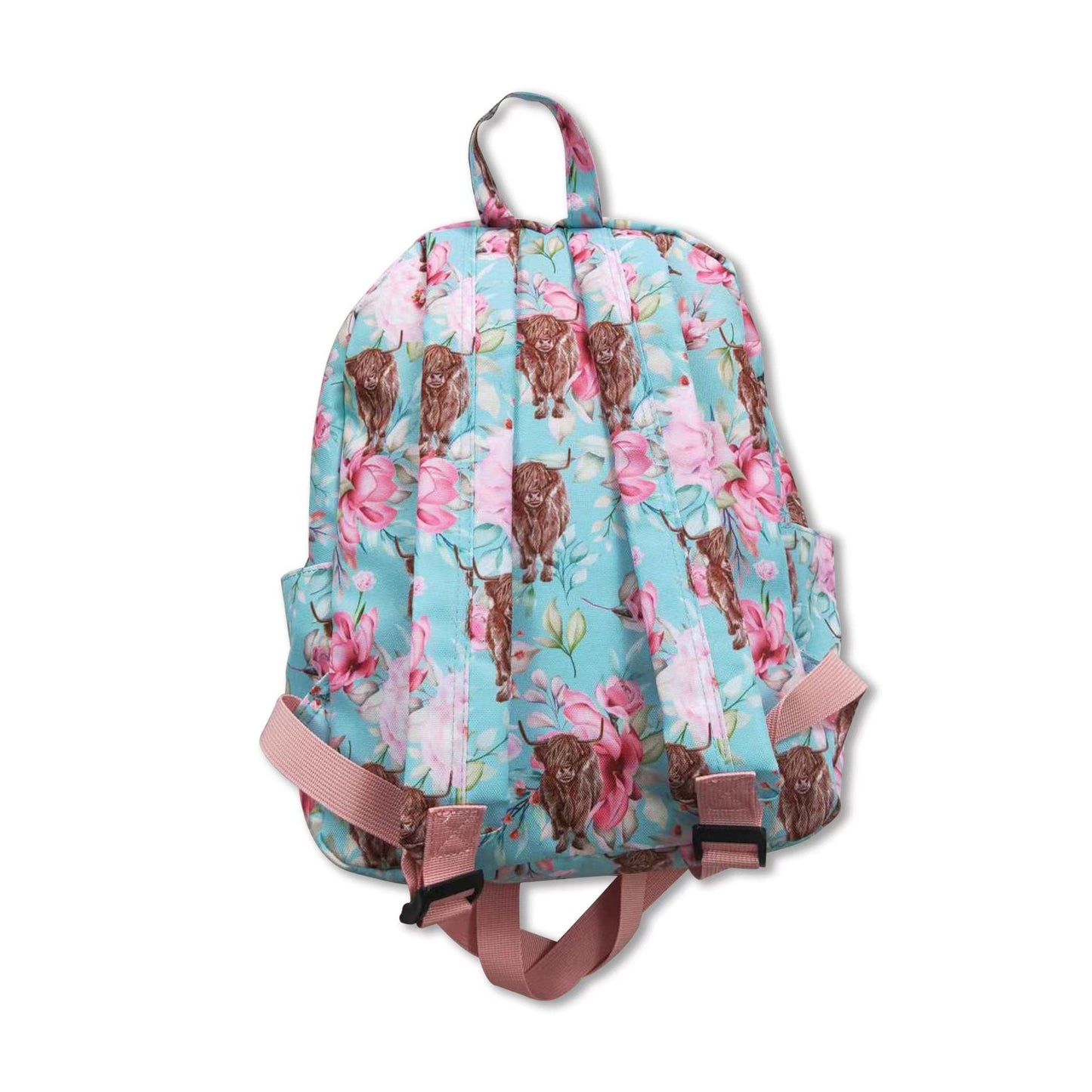 Light blue floral highland cow kids girls backpack