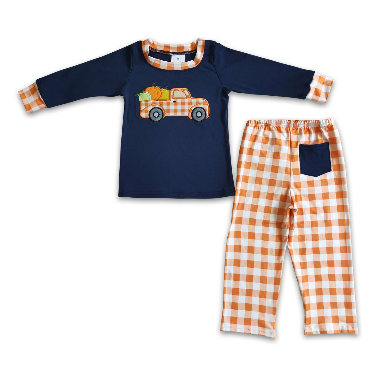 Pumpkin truck embroidery shirt plaid pants boy fall clothes
