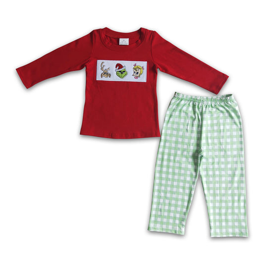 Green face embroidery top match pants boy Christmas clothes