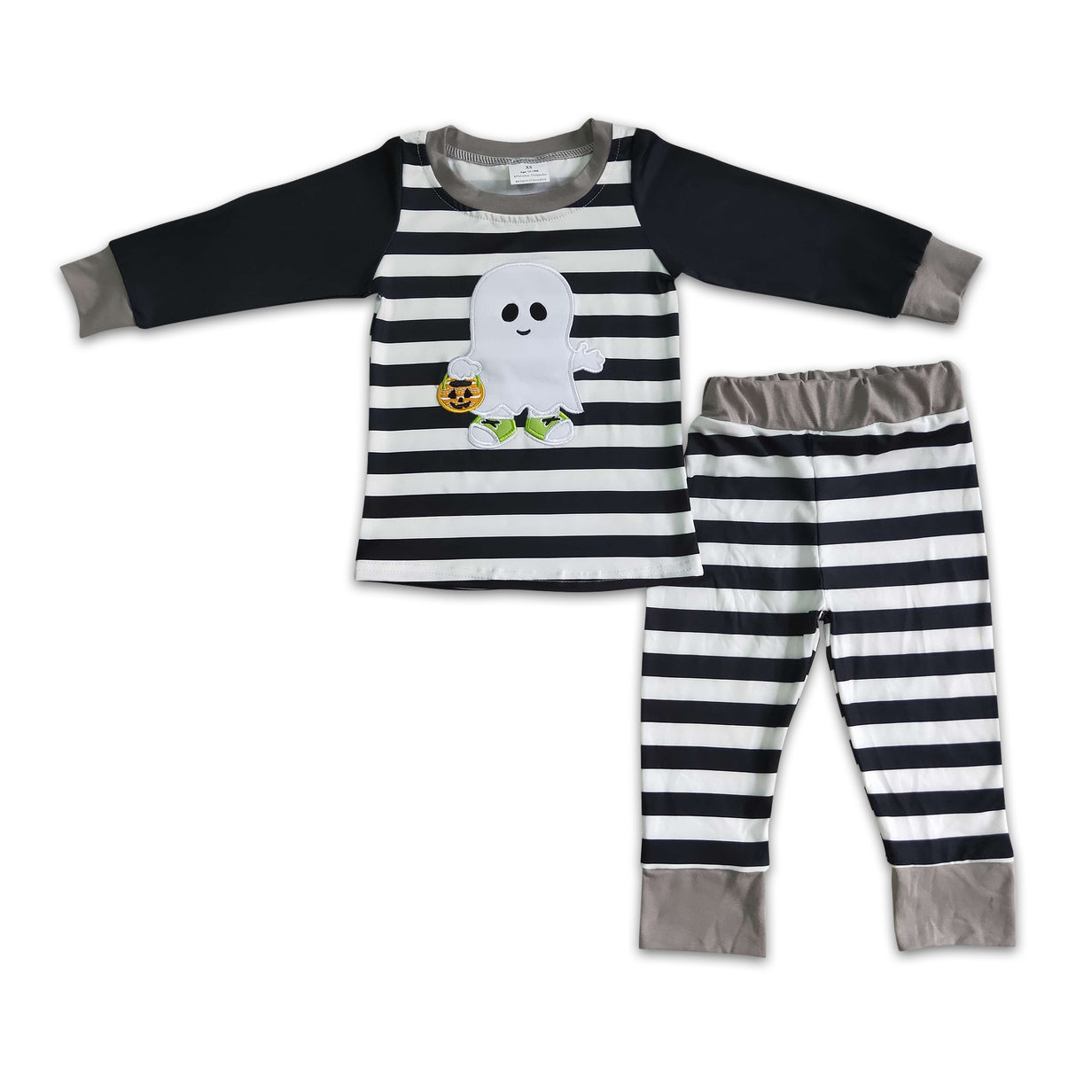 Ghost pumpkin basket embroidery stripe boy Halloween pajamas