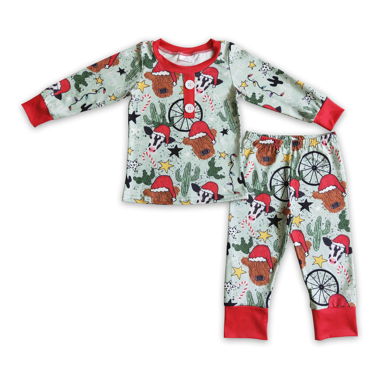 Highland cow cactus kids boy western Christmas pajamas
