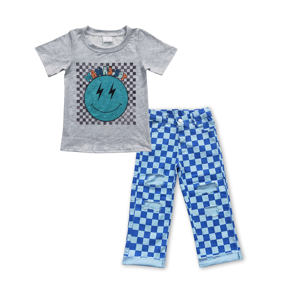 Mama's boy smile shirt plaid pants baby kids clothes