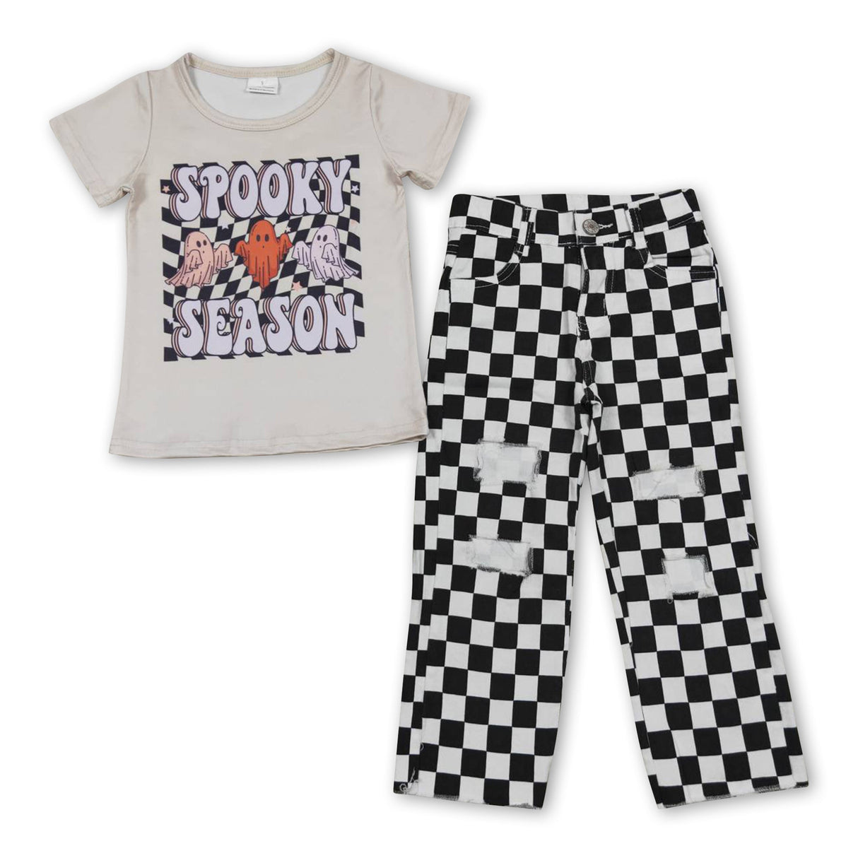 Spooky season ghost top checked jeans kids Halloween outfits