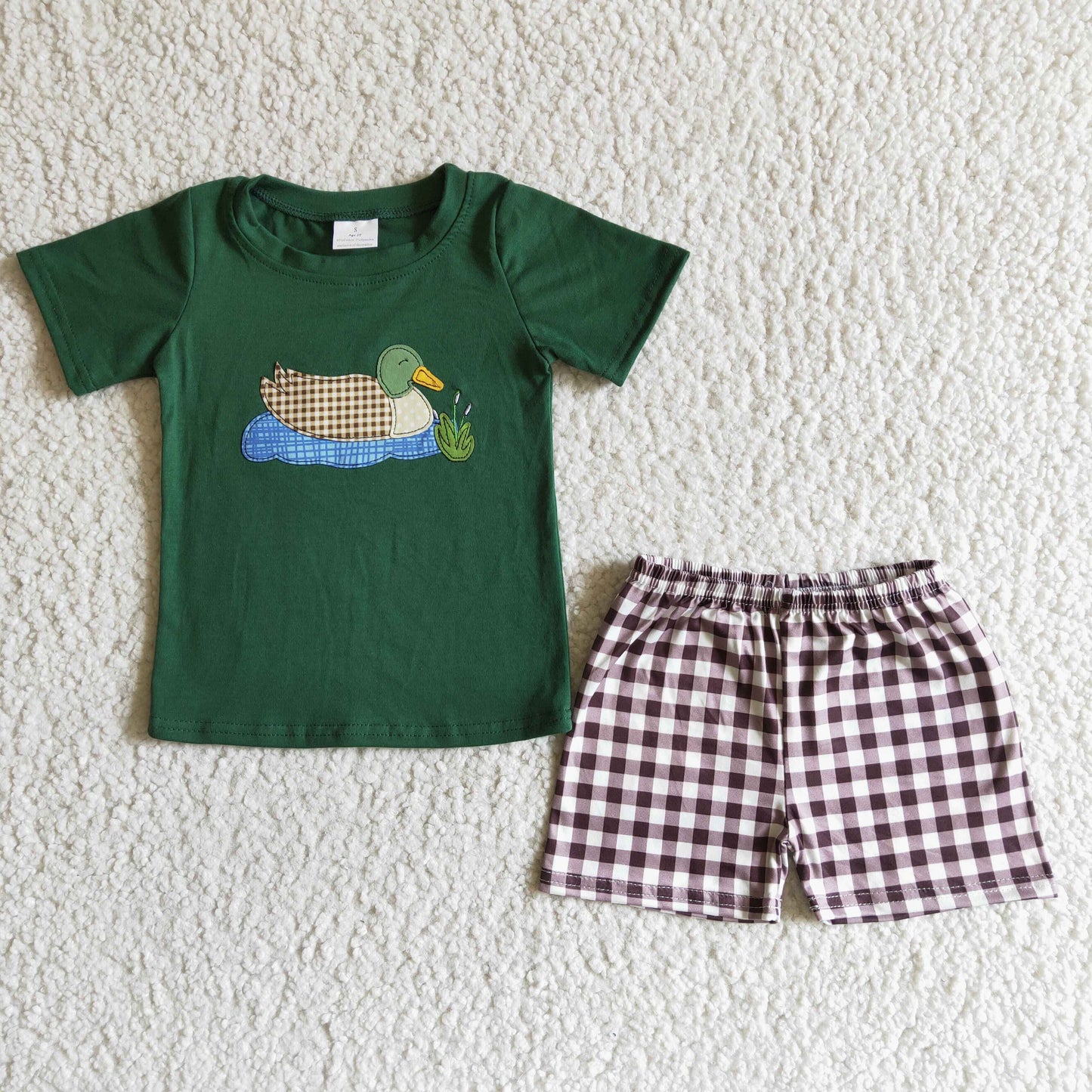 Duck embroidery cotton shirt plaid shorts boy summer clothes