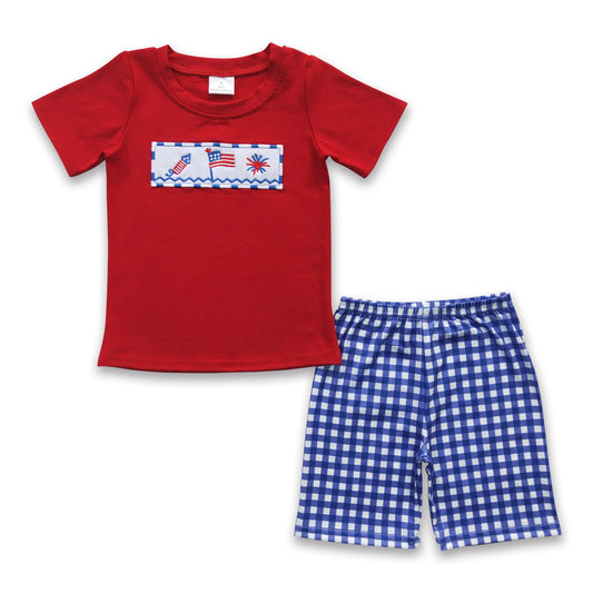 Flad firework embroidery kids boy 4th of july outfits