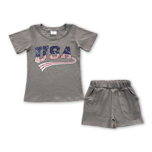 USA vinyl grey cotton shirt shorts kids boy 4th of july clothes