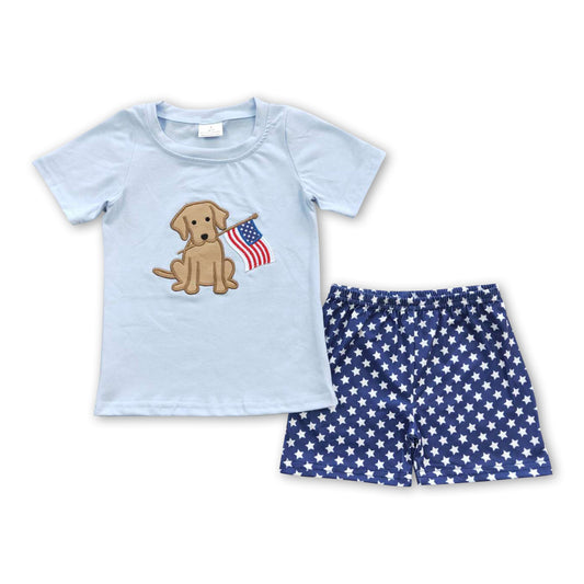 Dog flag embroidery shirt stars shorts boy 4th of july outfits