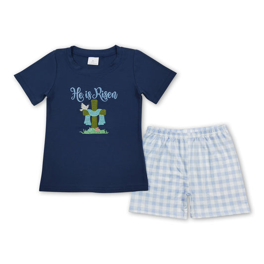 He is risen cross top plaid shorts boy easter outfits