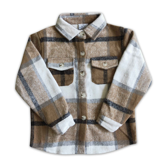 Khaki plaid cotton pocket boy super thick flannel button up shirt