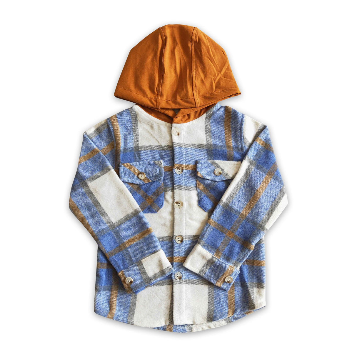 Blue plaid cotton shirt pocket boy thick flannel button up hoodie