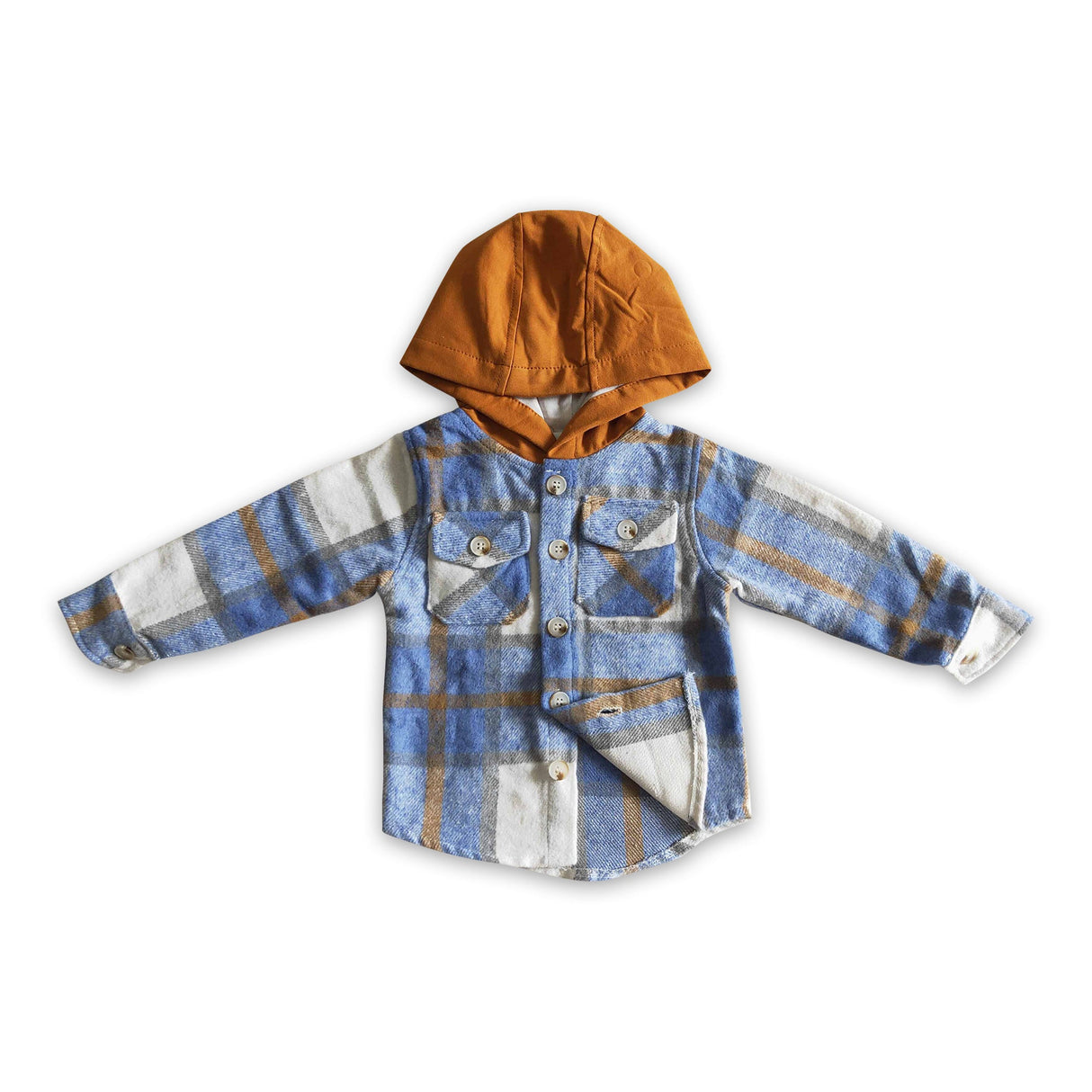 Blue plaid cotton shirt pocket boy thick flannel button up hoodie