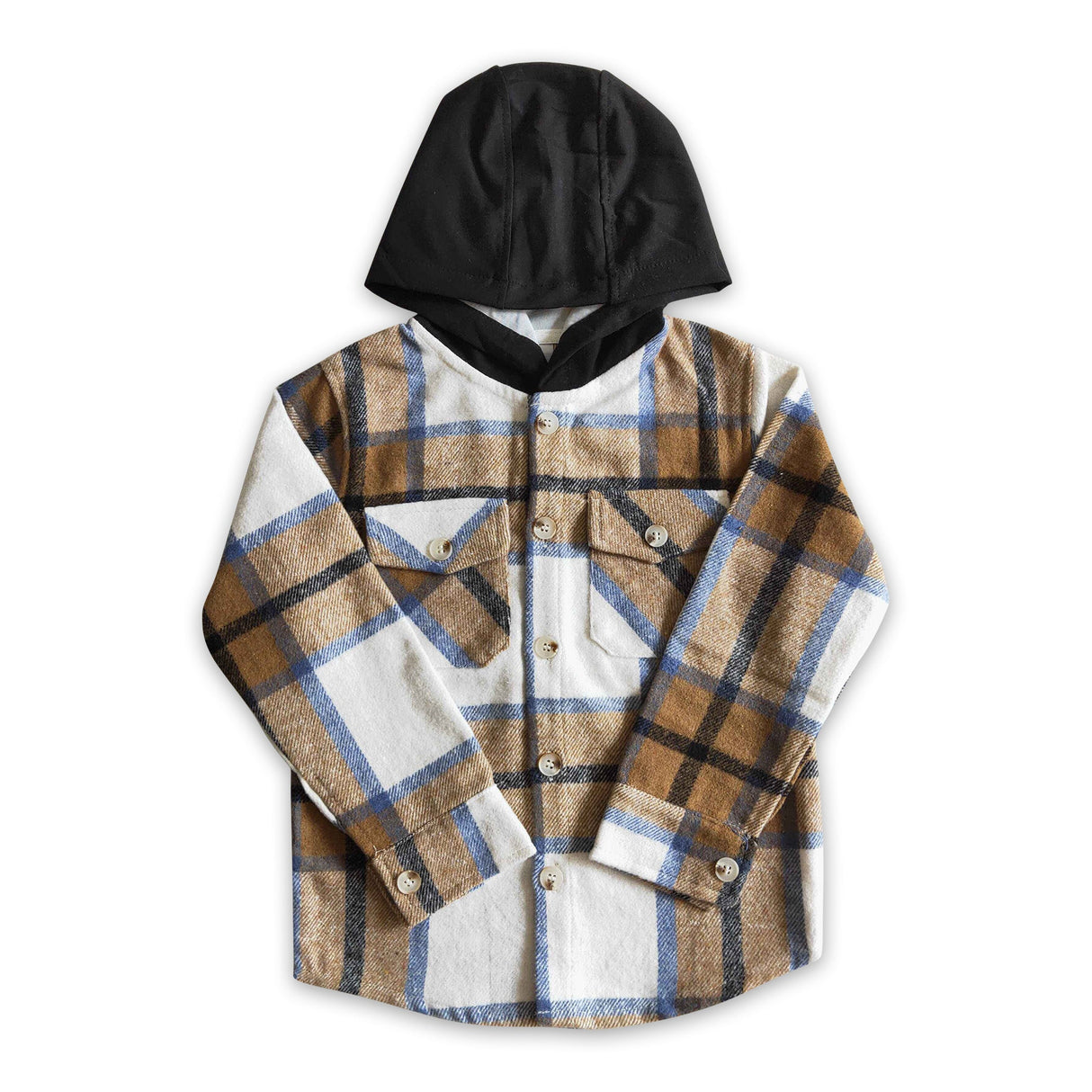 Khaki plaid cotton shirt pocket boy thick flannel button up hoodie
