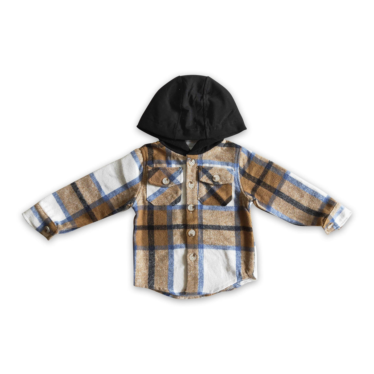 Khaki plaid cotton shirt pocket boy thick flannel button up hoodie