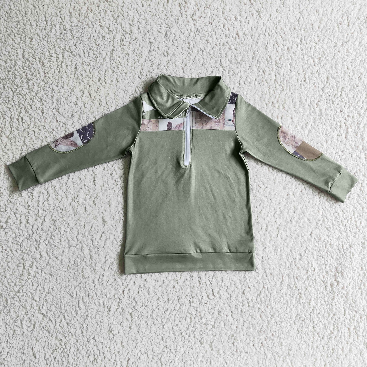 Olive duck deer camo patchwork kids boy zipper pullover
