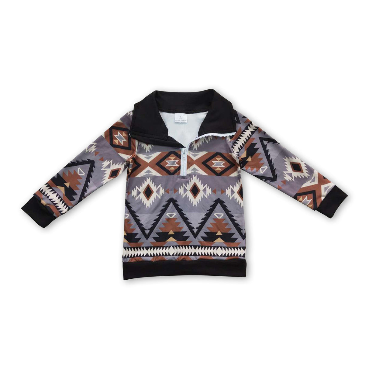 Grey brown aztec long sleeves kids western zipper pullover